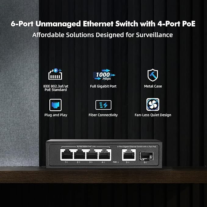 YuLinca 6 Port Mini Gigabit PoE Switch with 4 PoE+ Port, 1 Gigaibt RJ45 Uplink, 1 Gigabit SFP, IEEE802.3af/at, Max 65W, Metal Fanless Plug & Play Ethernet Switch