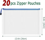 AUSTARK 20 Pcs Zipper File Bags, Plastic Mesh Pouch, Board Game Storage Bag, Waterproof Bags for Office School (A4 Size 13.4''x9.4'', White and Blue)