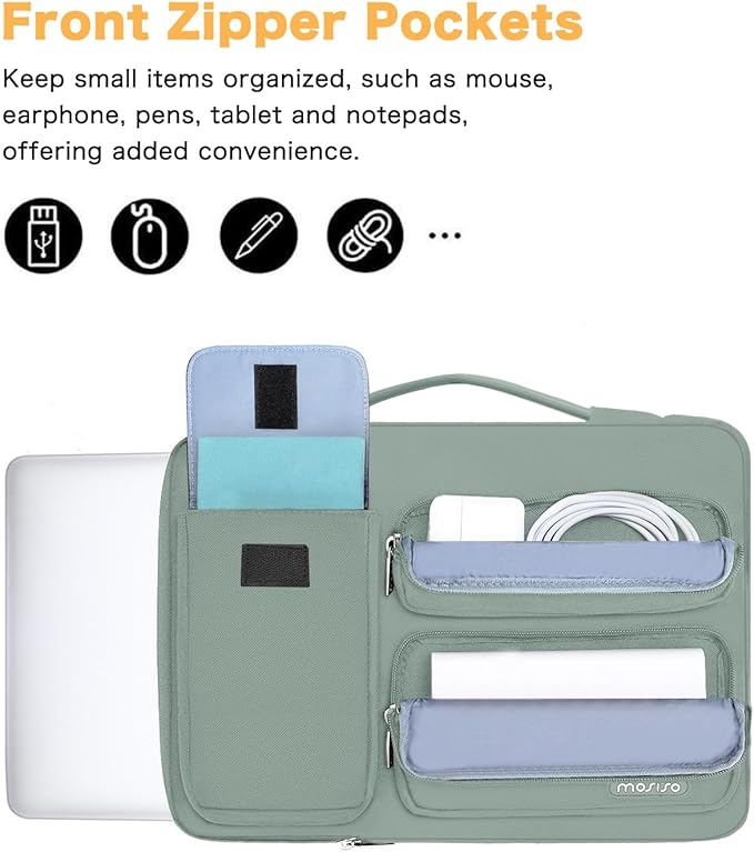 MOSISO 360 Protective Laptop Case 15 inch, Laptop Sleeve Compatible with MacBook Air 15 M4 A3241 M3 A3114 M2 A2941 2025-2023, Dell XPS 15, Side Open Bag with 2 Raised&1 Flapover Pockets, Antique Green