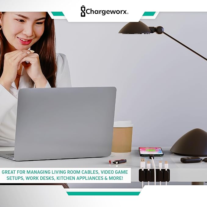 ChargeWorx Pack of 5 Magnetic Cable Clips, Cord Organizer for Office Desk, Nightstand, Car, or Wall, Adhesive Wire Holder for USB-C, Micro-USB, and Lightning Cables, Magnet Clips for Cable Management