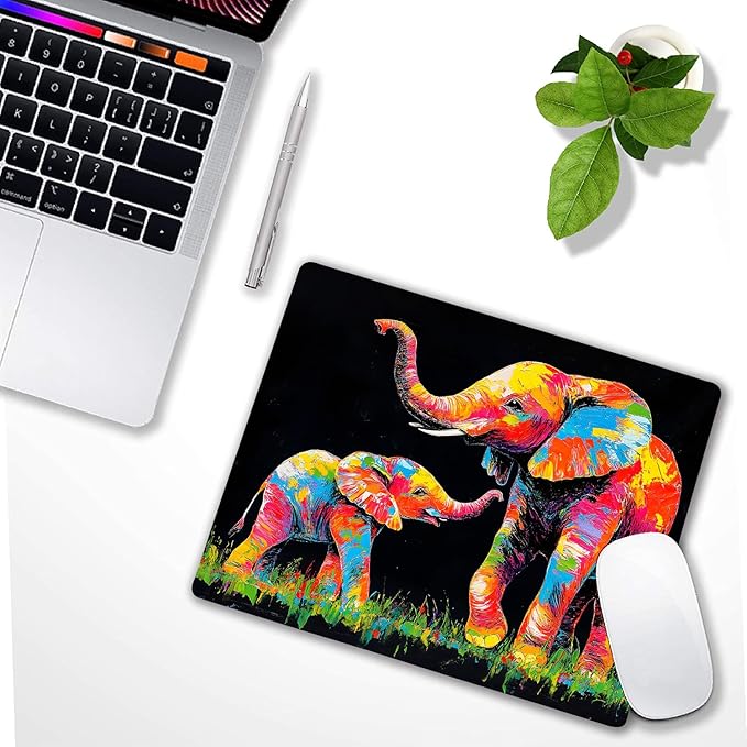 Colorful Animal Elephant Custom Mouse Pad with Non-Slip Rubber, Small Square Design for Wireless Laptop & Computer Mouse Pads for Desk, 9.5 x 7.9 inch Smooth Surface for Gaming & Office