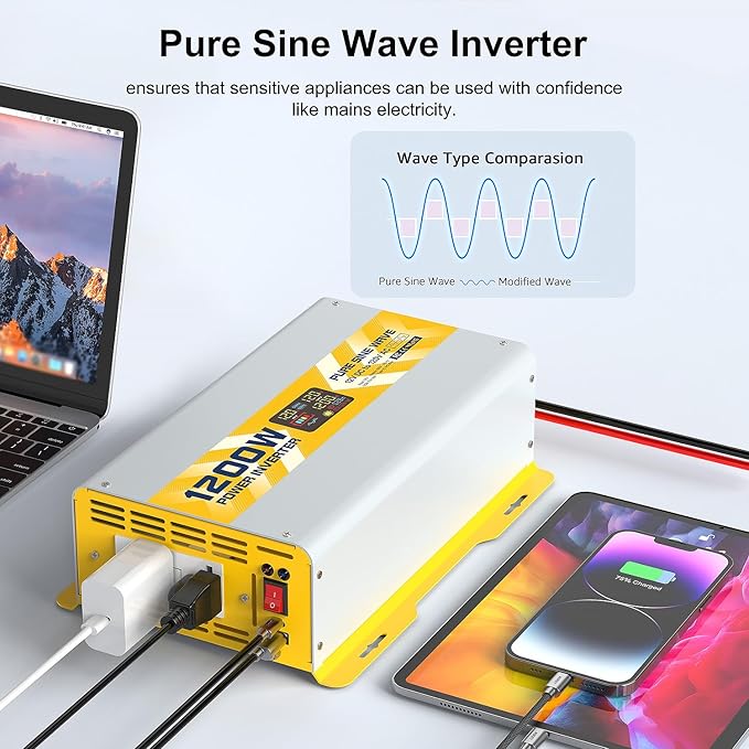 XWJNE 1200W Pure Sine Wave Power Inverter 12V DC to 120V GFCI AC Converter with LCD Display for Home, RV, Truck, Off-Grid Solar Power
