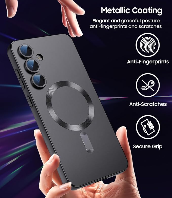 Magnetic for Samsung Galaxy S24 FE Case [Compatible with MagSafe][Built-in Camera Lens Protector] Slim Soft Silicone Bumper Shockproof Metallic Luster Phone Cover (Black)