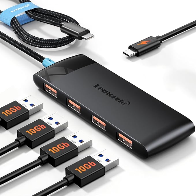 10Gbps USB C Hub, 4 Ports USB3.2 Splitter for Laptop, USB C Multiport Adapter w/Charging Port, for MacBook Pro/Air, iMac, Surface Pro, Dell, HP, iPad, Samsung, Etc., 1.97ft Cable