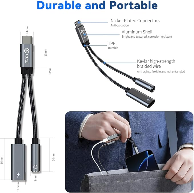 2PCS USB C Splitter for KZ ZS10 PRO, CCZ CA01 USB C to 3.5mm Audio Headphone and Charger Adapter, Type C Headphone Splitter 1 in 2 Out, Dongle Audio Cable DAC for Samsung Galaxy S25/S24 (USBC-3.5MM)