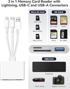 SD Card Reader for iPhone iPad Mac Trail Game Camera Viewer Built-in 3-in-1 Connector (Lightening, USB-C and USB-A) with SD MicroSD USB-A 3 Slots, Portable No App Required Plug & Play - White