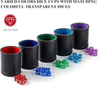 5 Pack Black Leather Dice Cups with Colorful Velvet Felt-Lined Interior and 30 Matching Colorful Transparent Dices