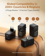 MOMAX GaN 205W Universal Travel Adapter, 9-in-1 European Travel Plug Adapter, 6 USB-C PD Fast Charging & 1 USB-A QC, 2 AC, International Power Adapter UK AUS JP, Travel Essentials