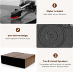 Vinyl Record Player with Dual Stereo Bookshelf Speakers Vintage Belt Drive Bluetooth Turntable with External Speakers,Convert Vinyl to MP3,LP Players AUX Headphone Input RCA Out,Brown