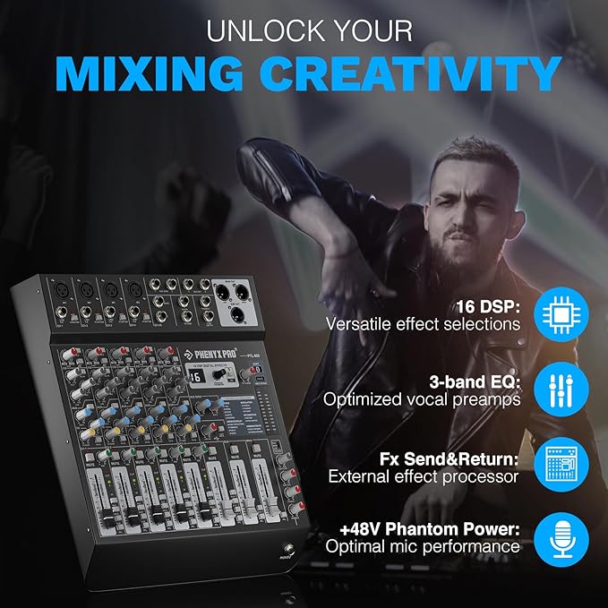 Professional 6-Channel Audio Mixer, Phenyx Pro DJ Sound Mixer Board w/Flexible AUX, BUS, SUB Routing, 16 DSP, BT Streaming & USB-B PC Recording, Mixing Console for Stage, Home Studio (PTL-600)