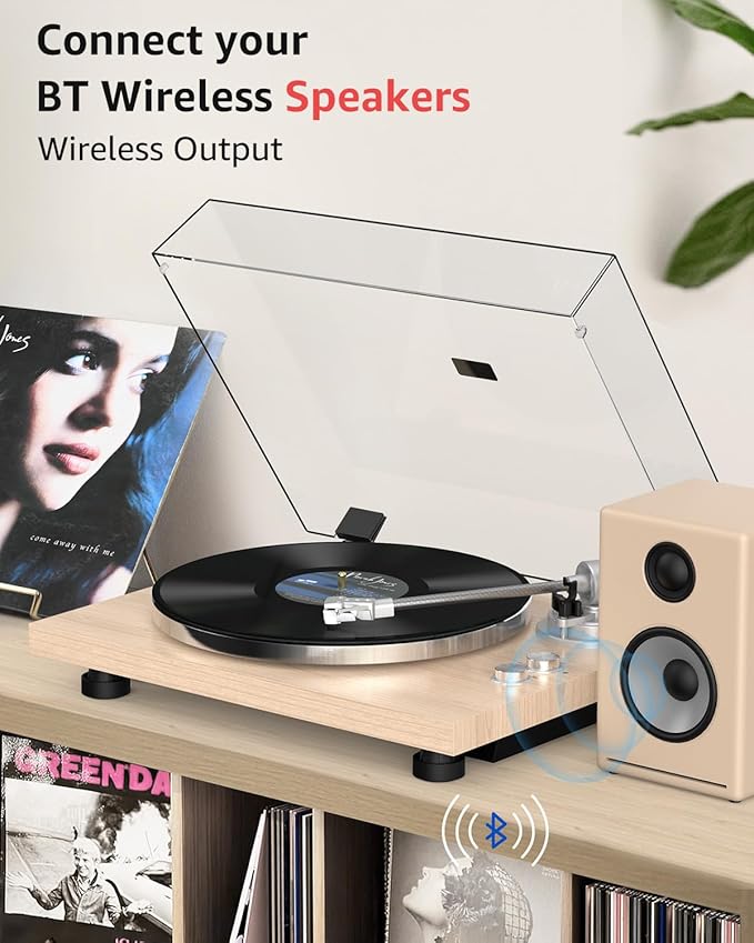Turntable Record Player Wireless Output Carbon Fiber Tonearm Vinyl Player Aluminium Platter Belt-Drive LP Turn Tables 33 1/3&45 RPM Audio Phono RCA Line Out AT-3600L MM Cartridge Pale Walnut White