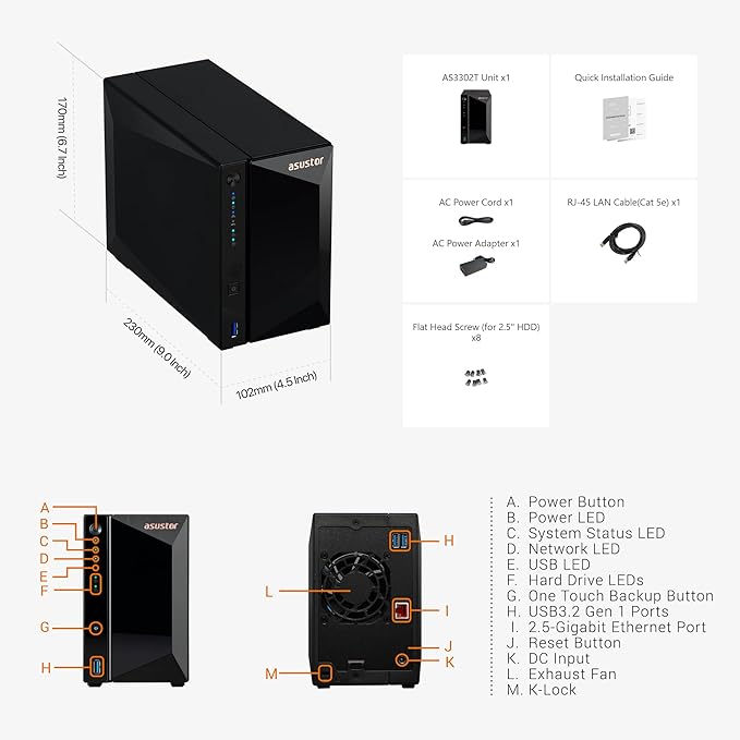 Asustor Drivestor 2 Pro Gen2 AS3302T v2, 2 Bay NAS, 1.7GHz Quad-Core, 2.5GbE Port, 2GB RAM DDR4, Small Home Media Server, Network Attached Storage Device (Diskless)