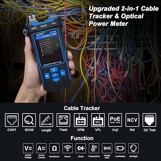 NOYAFA NF-8508 Network Cable Tester with Optical Power Meter, CAT5 CAT6 Cable Toner Ethernet Cable Tester, RJ45 Network Tester, VFL PoE QC Test Wire Tracer Port Flashing 200M Length Test