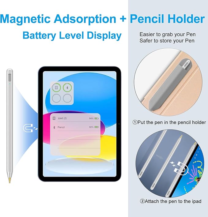 Stylus Pen for iPad 2018-2025 with Palm Rejection, Apple Pencil for Pad11th/10th/9th/8th/7th/6th Gen, iPad Pro 11/12.9 inch, New iPad Air 2025 11&13-inch(M3/2) /5th/4th/3th Gen, iPad mini 6th/5th