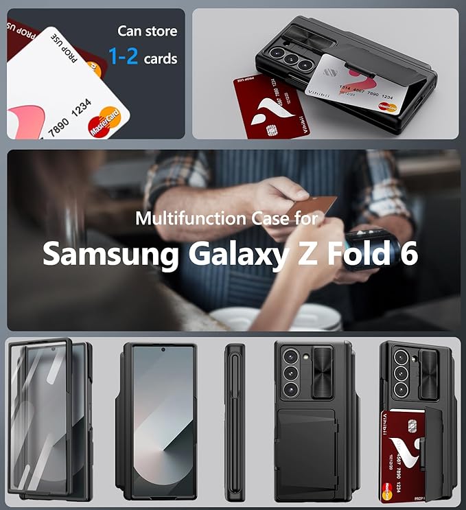 Vihibii for Samsung Galaxy Z Fold 6 Case with S Pen Holder & Card Holder & Slide Camera Cover & Screen Protector & Hinge Protection, Heavy Duty Rugged Wallet Phone Case for Galaxy Z Fold 6, Black