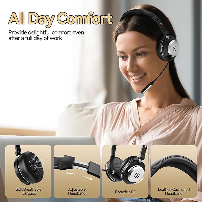 Wireless Headset with Mic for Work,Bluetooth Headphone with Noise Cancelling Microphone,2.4G USB Dongle & Mic Mute for Laptop/Computer/Cell Phones/Office/Remote Work/Call Center/Zoom/Teams/Skype