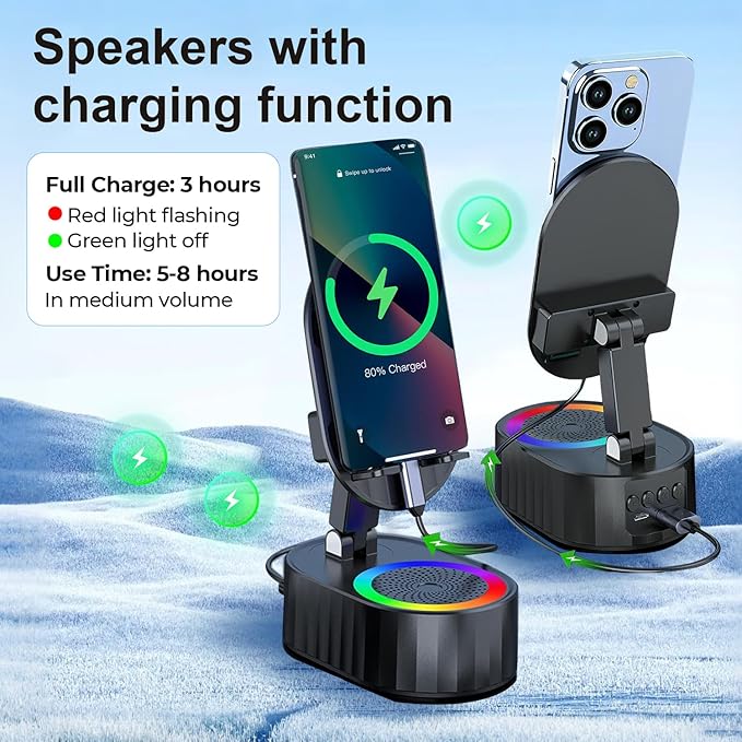 Wireless Induction Audio Bluetooth Speaker 5in1 Phone Holder Emergency Rechargeable (3000mAh) with Colorful Ambient Light 300° Foldable for Tablet iPhone Android, Gifts for Men Women (Black)