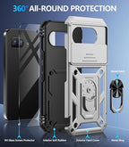 Taisairu for Google Pixel 9A Case with Screen Protector & Slide Camera Lens Cover, Built-in 360°Rotate Magnetic Ring Stand Shockproof Protective Phone Case for Google Pixel 9A Case (Silver)