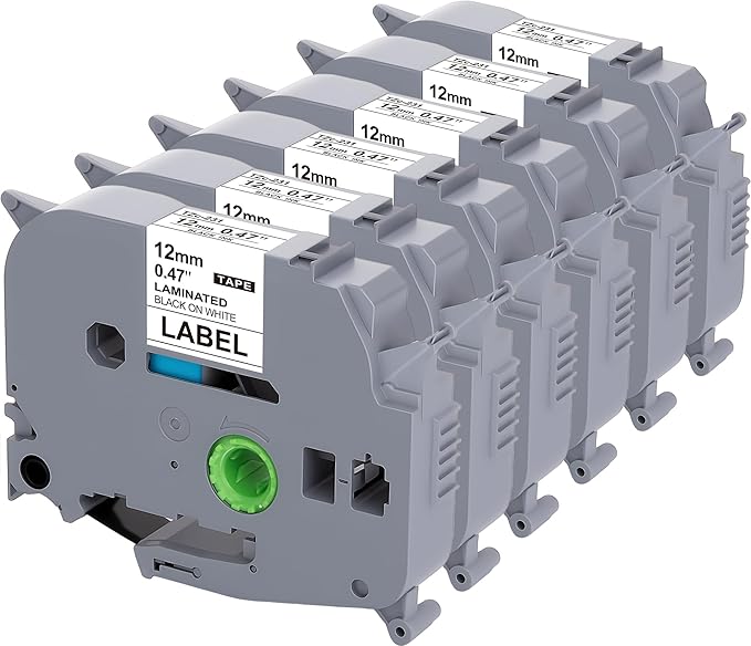 Weemay 1/2" Label Maker Refills Compatible for Brother Tze Tz Tape 12mm 0.47 Laminated White, for Ptouch Label Maker Machine Cube PTD210 PTP701BT PTD220 PTH110 PTH110BP PTH111 PTP750W PTD600, 6 Pack