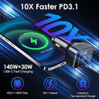 170W PD3.1 Car Charger with LED Voltage Display, USB-C Cigarette Lighter Adapter Fast Charging (140W+30W) for iPhone 16 Pro Max/Samsung S25 Ultra/MacBook/Drones/Laptops, 12V-24V Vehicle