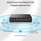 8-Port Gigabit Easy Smart Managed Ethernet Switch | Plug & Play Network Hub with VLAN, QoS, Port Mirroring | Fanless Design | Desktop/Wall Mount for Home/Office