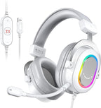FIFINE USB Gaming Headset, PC Headphones Wired with Microphone for Computer/Laptop, Over-Ear RGB Headset with 7.1 Surround Sound, Noise Cancellation for Streaming Video Game- AmpliGame H6 (White)