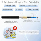 30M/98FT Outdoor Armored LC to LC Fiber Optic Cable, 4 Core OS2 Single Mode 9/125μm, Industrial TPU Jacket, OD 5mm, 4 Strands, SMF, Direct Burial, Heavy-Duty LC-LC Patch Cord for Harsh Environments