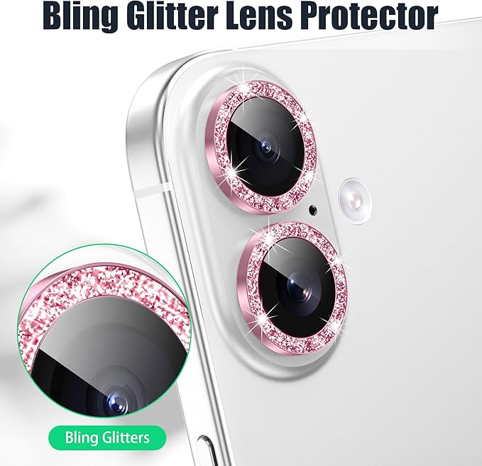 AGVEE 3+3 6 Pack for iPhone 16 6.1" / 16 Plus 6.7" Camera Lens Cover Protector, Bling Glitter & CD-Textured Metal Ring 9H Tempered HD Glass Camera Cover Protector Film, Glitter-Pink