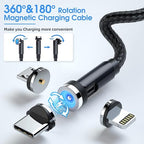 Magnetic Charging Cable, 540° Rotating Magnetic Phone Charger [6-Pack, 3ft/3ft/3ft/6ft/6ft/10ft] 3 in 1 Magnetic Charger Cable Nylon Braided Magnetic USB Cable for iProduct/Micro USB/Type C Device
