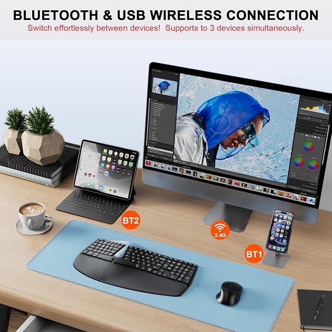 Ergonomic Wireless Keyboard Mouse Combo, MK835 Wave Keys Bluetooth/2.4G Split Design Ergo Keyboard with Cushioned Palm Rest, Multi-Device, Rechargeable, for Multi-OS, Windows/Mac/Android