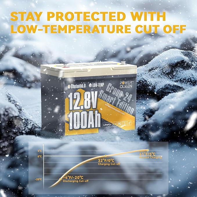 Power Queen Bluetooth 12V 100Ah LiFePO4 Battery with 14.6V20A LiFePO4 Battery Charger, Group 24 Deep Cycle Battery, 100A BMS with Low-Temp Cut-off Protection for RV, Trolling Motors, Solar System