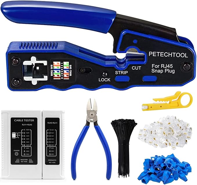 RJ45 Crimp Tool for Cat6 Cat5e Cat5 Pass Through Connectors,All-in-one EZ Crimping Tool Full Set with Cat6 Connectors and Boots, Cable Ties, Cable Tester, Cable Scissors and Stripper
