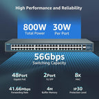 YuanLey 48 Port Gigabit PoE Switch Unmanaged with 2 1000Mbps SFP Uplink, 50 Port 802.3af/at 800W High Power PoE+ Network Switch, Metal Rackmount Power Over Ethernet Switch