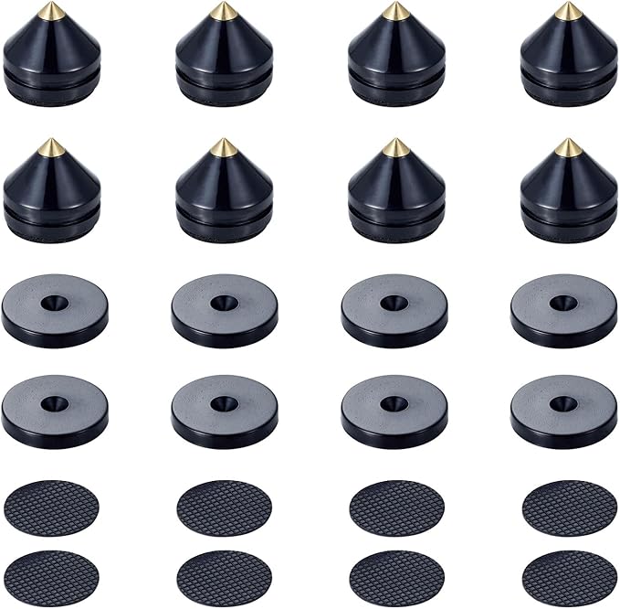 Speaker Spikes Floor Protectors 8pcs, Light Weight Shockproof Speaker Isolation Stand Feet for HiFi Amplifier, Subwoofer, DAC Recorder, Turntable, Cone Base Pad with Adhesive, Black