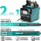 YIHUA 992D-II 2-IN-1 Precision Soldering Kit with Hot Air Pencil and C210 Soldering Iron, Precision Soldering Station with Dynamic LCD Display, Low-Wear Mode, 3 Preset Channels, 8 Hot Air Nozzles