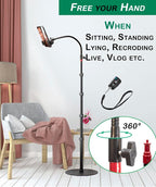Phone Overhead Stand, Gooseneck Phone Floor Stand, Tall Video Cell Phone Mount with Height Adjustable Stand, Heavy Base, 360 Head, Works with iPhone 16, 16 Pro Max, 16 Plus, 15, 14, 13