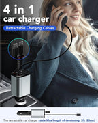 Retractable Car Charger, 4 in 1 Fast Car Phone Charger 66W, 2 Retractable Cables and 2 USB Port, Compatible with iPhone 16/15/14/13/12/11,Galaxy,Pixel