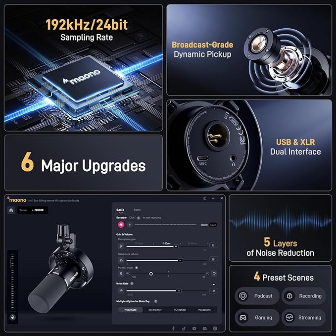 MAONO Dynamic Microphone-XLR USB Podcast Recording Mic: for Vocal Recording, Content Creation, Home Studio, Voiceover, with 192kHz/24bit, Noise Reduction, Mic Gain, Monitoring, Mute (PD300X)