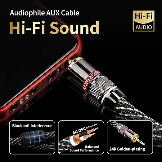 Audiophile HiFi Audio Cable–3.5mm to 3.5mm,6N OFC Core,24K Gold-Plated Plugs,with Nylon Braid,AUX Cable,Compatible with Phone,MP4,Speakers,Amplifiers,TV(4.92ft/1.5m)