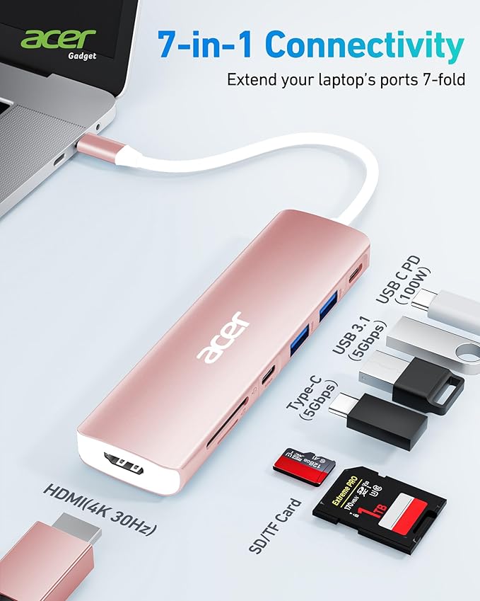 Acer USB Hub, 7 in 1 USB C to HDMI Multi-Port Adapter, 2 USB 3.1 GEN1 and 5Gbps Type-C Data Port, 4K HDMI Port, PD 100W Charging, SD Card Reader, for iPad Pro MacBook Pro Acer Laptops and More (Pink)