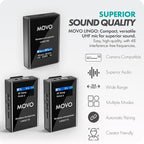 Movo Lingo-Duo 48-Channel UHF Wireless Lavalier Microphone System for Camera - Lav Mic Compatible with Canon, Nikon, and Sony DSLR Cameras - for Filmmaking, Vlogging, Interviews, Content Creation