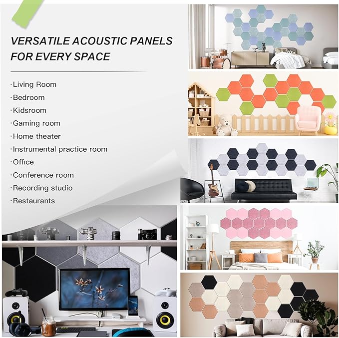 Mollywell Hexagon Acoustic Panels, High Density, Soundproofing, Decorative Noise Reduction Felt Wall Tiles for Ceilings, Home Office & Gaming Room (Orange and Fruit Green), 14x12x0.4 Inch
