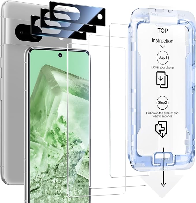 SMARTDEVIL [3+3 Pack for Google Pixel 8 Screen Protector with Camera Lens Protector, Finger Print Reader Compatible, Fast & Easy Installation, Clear 9H Tempered Glass Film, Alignment Frame
