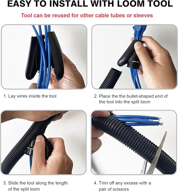 CrocSee 10ft - 1/2 inch Flame Retardant Split Wire Loom Tubing with Installation Tool - Flexible Wire Covers Cord Protectors - Black