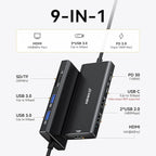 Hub Multiport Adapter for MacBook Pro/Air, 9 in 1 Accessories Mac USB C Dongle Dock Adapter with HDMI, SD/TF Card Reader, USB C Port, PD 100W and 4 USB for Dell XPS, Lenovo HP Laptops