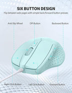 TECKNET Wired Mouse, 6-Button Corded with 4 Adjustable DPI, Ergonomic Optical Mouse, 5FT Cord for Laptop, Chromebook, PC, Desktop, Mac, Notebook - LT.Green