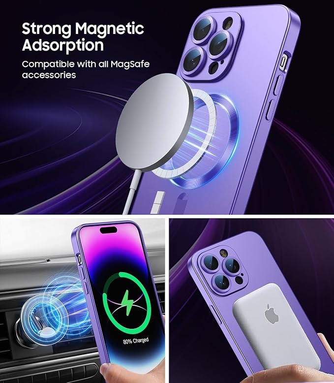 Magnetic for iPhone 14 Pro Max Case [Compatible with MagSafe][Built-in Camera Lens Protector] Slim Soft TPU Bumper Shockproof Metallic Luster Phone Case (Purple)
