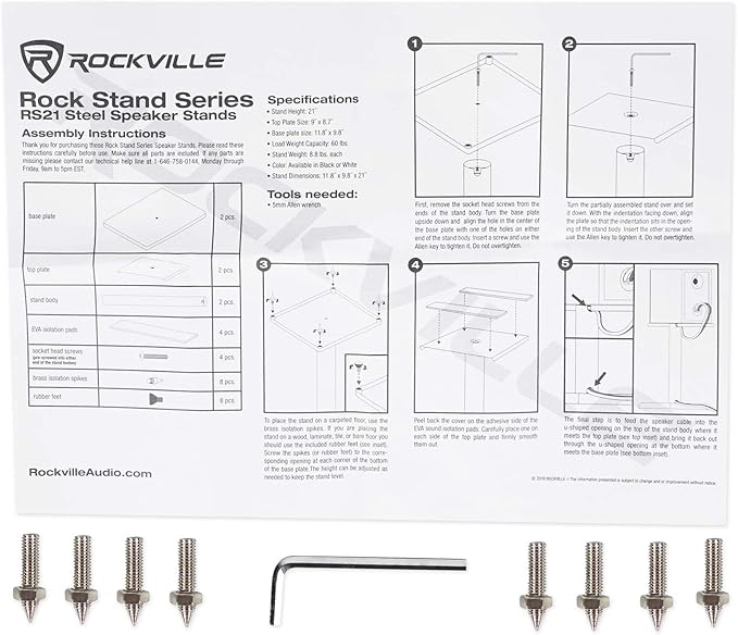 Rockville RS21B 21-Inch Steel Bookshelf Speaker Stands, 60 lbs Capacity, Cable Management, Anti-Vibration Pads, for Home Audio and Studio Monitoring (Pair)