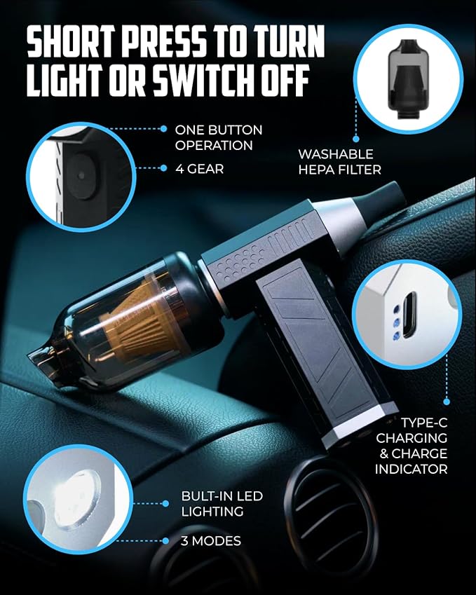 Owleys Portable Car Vacuum Cleaner “CrossClean 2-in-1 Vacuum & Air Blower | 120W High-Power | 8 Attachments | 12V Rated Voltage | Cordless, Lightweight & Rechargeable via Type-C Cable