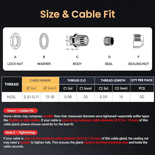 QILIPSU 50pcs M25L Long Thread Cable Gland Waterproof IP68 Nylon Strain Relief Cord Grip Cable Pass Through Wire Connector